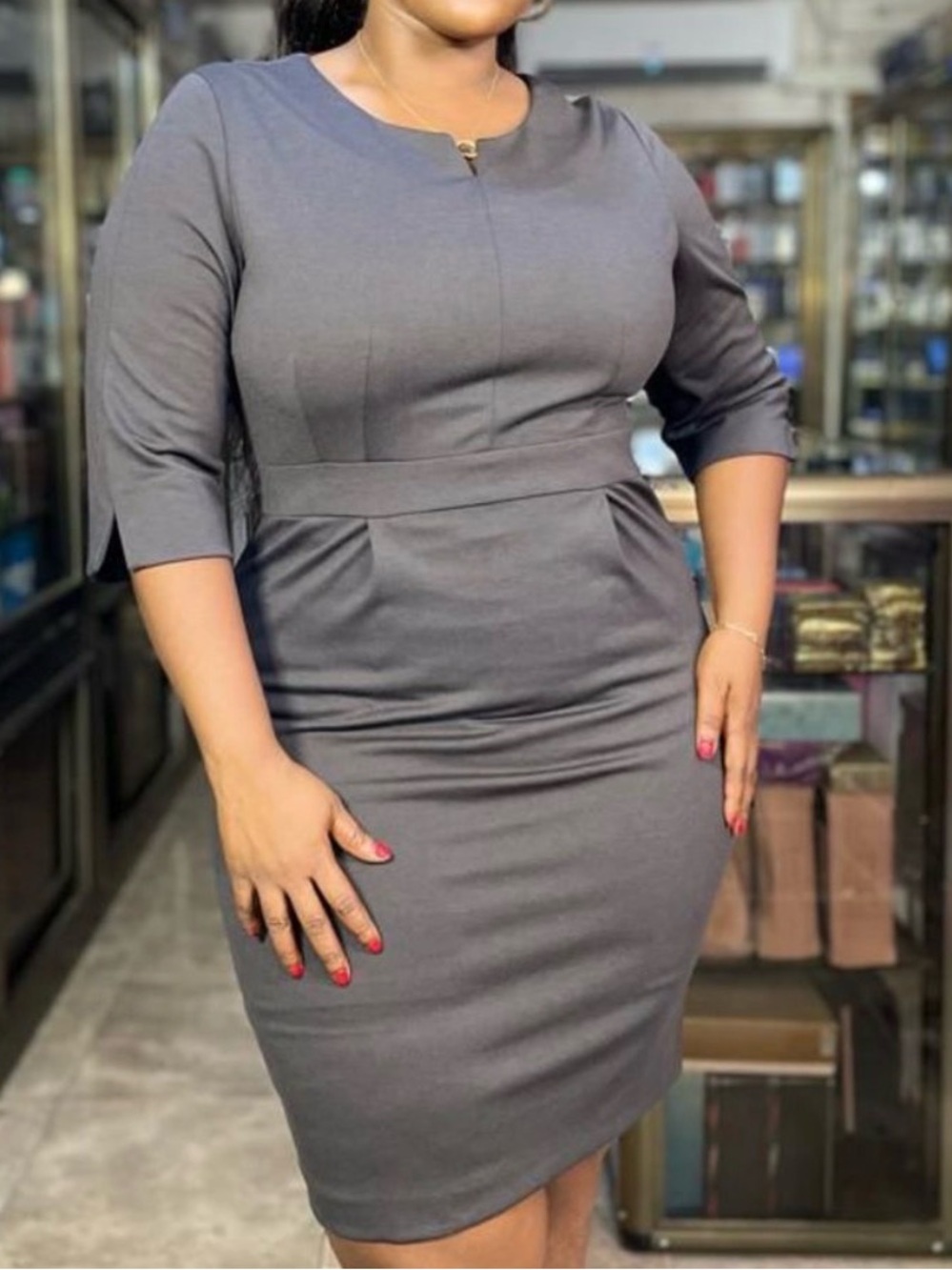 Chic dark gray office dress, professional wear